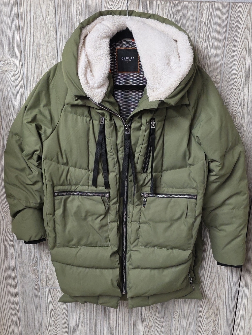 Orolay Women's Thickened Down Green Jacket Faux Sherpa Lined Hood Size Small